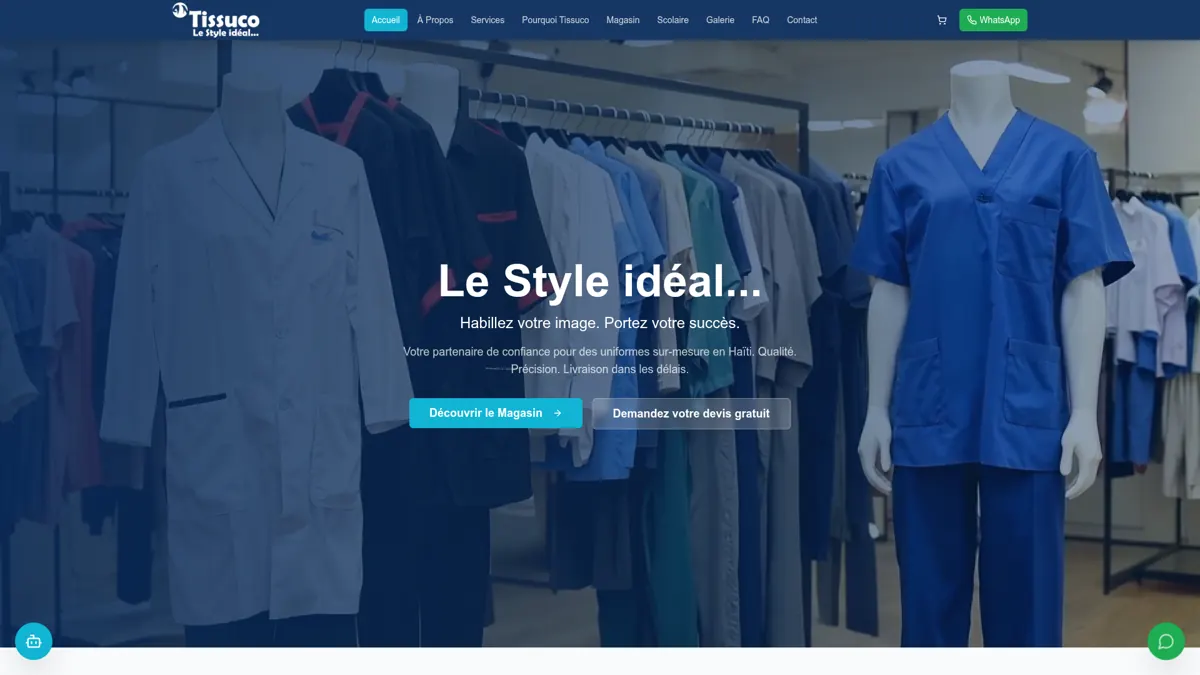 Aperçu du site Tissuco Haïti — uniformes sur-mesure